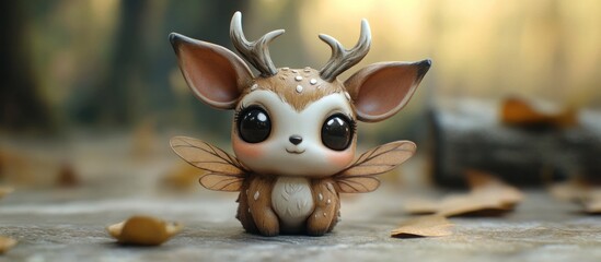 Adorable and whimsical mythical creature character with large eyes pointed ears and small horns sitting on a forest floor covered in leaves  This 3D rendered digital or model has a cute