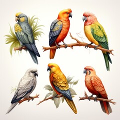 Naklejka premium Colorful parrots isolated on white background for nature and wildlife concepts in art prints and decor