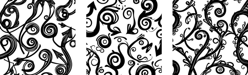  Set of three seamless blackornamental patterns with intricate swirling vines and floral elements on a white background. The elegant black line art gives a luxurious and decorative touch, making it id