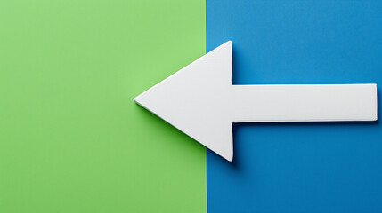 A large white arrow points to the left, set against a green/blue background, creating a bold and clear visual contrast.
