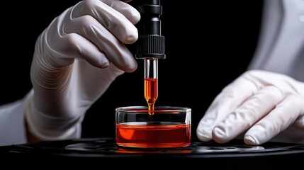 Precision Dropper:  A gloved hand carefully dispenses a liquid solution from a dropper into a petri dish.  The red solution glistens in the controlled environment.