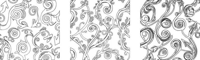  Set of three seamless blackornamental patterns with intricate swirling vines and floral elements on a white background. The elegant black line art gives a luxurious and decorative touch, making it id