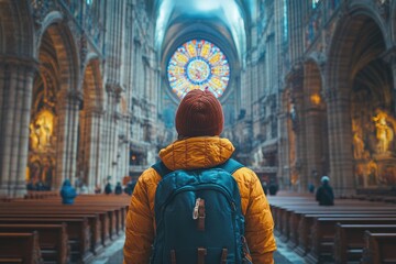 Fototapeta premium A person standing in a church wearing a backpack, suitable for use in travel or adventure-themed projects