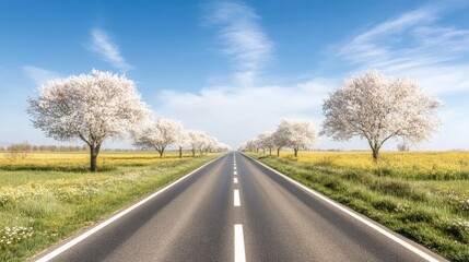 Fototapeta premium Asphalt Road Through Blooming Spring Landscape Under Blue Sky