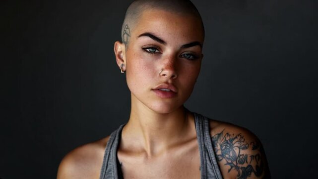 Young girl with tattoos and short hair, arrogant look, wearing tank top, on plain black background.