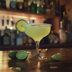 Classic Margarita with Lime and Salt Rim on a Bar Counter