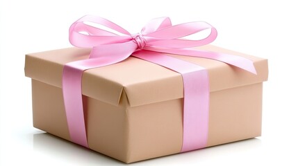 Fototapeta premium Beige Gift Box with Pink Ribbon and Bow on White Background