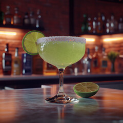 Classic Margarita with Lime and Salt Rim on a Bar Counter