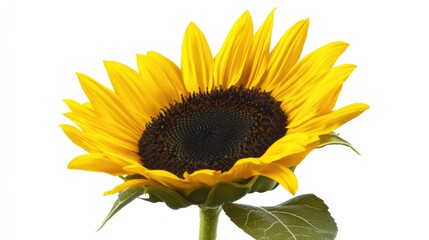 Naklejka premium A bright yellow sunflower with green leaves on a white background, ideal for use in designs related to nature and summer