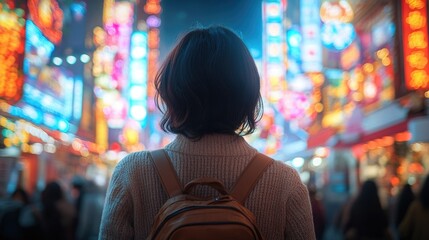Obraz premium A woman stands in front of neon signs, equipped with a backpack