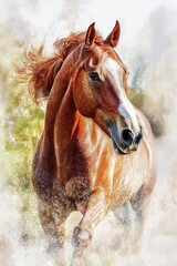 A horse runs freely in a green field with a sunny sky and wind-blown grass