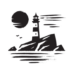 Fototapeta premium Minimalist lighthouse on rocks with sun and birds, vector illustration