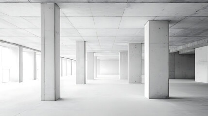 Empty modern concrete building interior with large pillars and bright light.