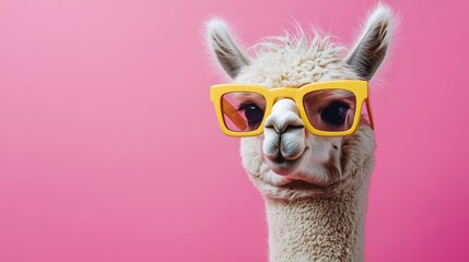 Alpaca in Stylish Sunglasses Against Fuchsia Background, Modern Fashionable Banner