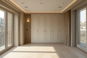 Sunlit modern bedroom with built-in wardrobes and city views
