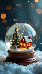Glittering golden snow globe containing a miniature Christmas scene, winter, serene