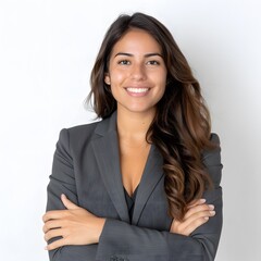 Confident businesswoman smiling, arms crossed, studio white background, headshot portrait