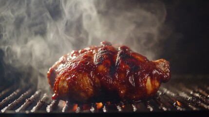 Juicy grilled bbq chicken with smoky flavors on charcoal grill