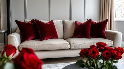 Contemporary living room styled soft romantic decor fresh floral arrangements and subtle lovethemed accents creating a chic anniversary celebration atmosphere