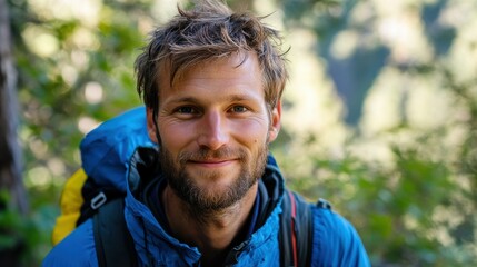 Young caucasian male adventurer smiling in outdoor forest setting
