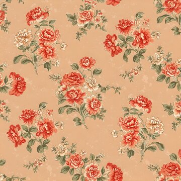 "Vintage Bouquet" is a classic floral pattern that evokes a sense of timeless elegance. The design features a repeating motif of delicate bouquets composed of red and white flowers with green foliage.