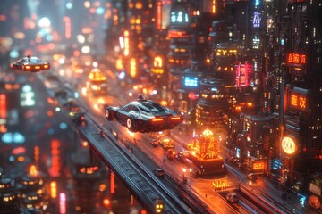 Obraz premium A futuristic cityscape at night with a car flying above, highlighting urban development and technological advancements