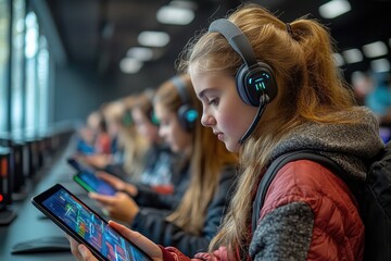 A young girl wearing headphones sits at a table, focused on her tablet computer