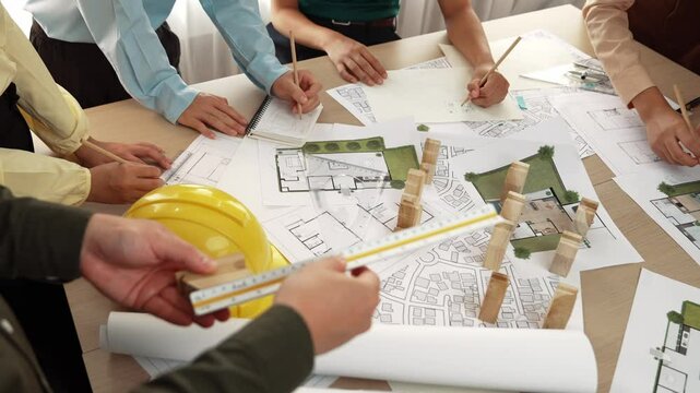 Architect and safety engineer discussion about building construction use blueprint on table with architectural document, measurement tool and wooden block scatter around at modern office. Delineation.