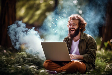 A happy young man uses a laptop in nature8.jpg