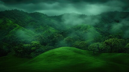 Obraz premium Dark Green Foggy Forest Hills Landscape at Dusk