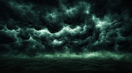 Dark Green Stormy Clouds Over Foggy Sea at Night