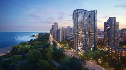 Obraz premium Urban skyline at dusk with waterfront and greenery.