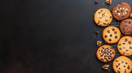 Delicious Chocolate Chip Cookies On Dark Background