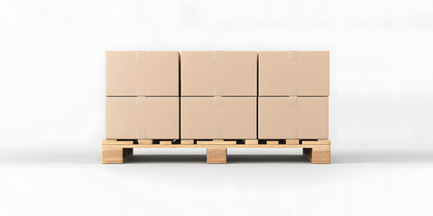 Stacked cardboard boxes on a wooden pallet, ready for shipping or storage.  Neutral background for easy use in various projects.
