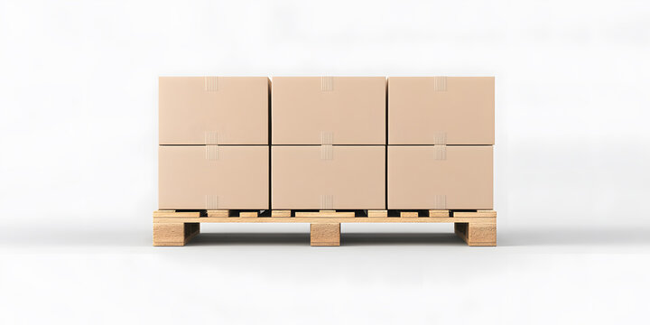 Stacked cardboard boxes on a wooden pallet, ready for shipping or storage.  Neutral background for easy use in various projects.
