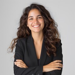 Confident woman smiling, arms crossed, studio portrait, gray background, professional headshot