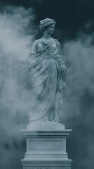 Contemporary fusion of classical statue in mysterious misty setting for artistic design and inspiration
