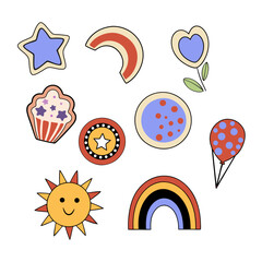 A collection of colorful stickers, including a sun, a star, a heart, a cupcake