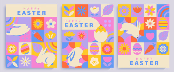 Set banners, flyers for Happy Easter with simple symbols of holiday, decorated eggs, flowers,rabbits and text greeting. Trendy cute template for web, social media ads, congrats, invitations. Vector