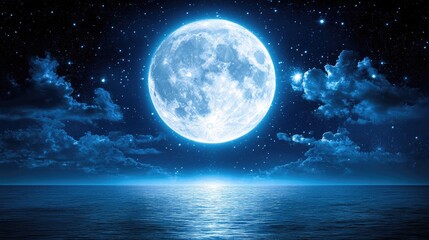 Full Moon over Calm Ocean at Night