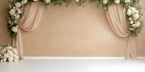 Elegant floral backdrop with sheer drapes and neutral wall. Perfect for photoshoots, events, or celebrations. Create a romantic and sophisticated atmosphere.