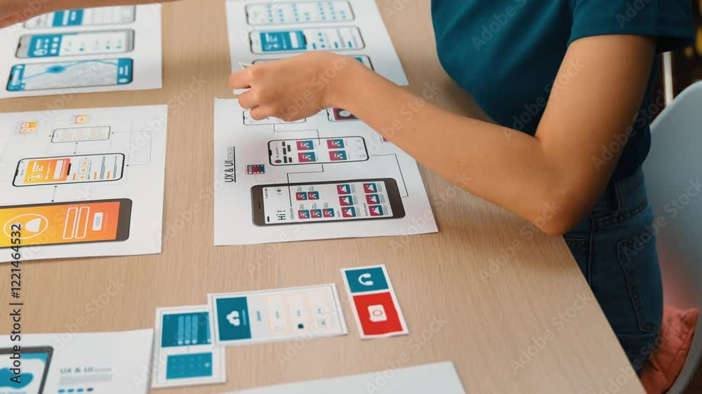 Poster panorama video of startup company employee planning on user interface prototype for mobile applicati