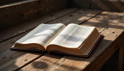 Obraz premium Bible on a rustic wooden bench under soft natural light in a minimal and quiet setting