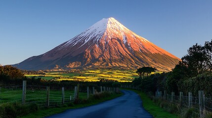 Majestic snow-capped mountain peak at sunrise with golden light on slopes and a winding road