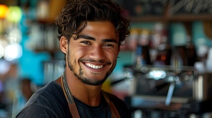 Fototapeta premium Young Hispanic male barista with friendly smile wearing black t-shirt and brown apron in modern coffee shop interior, perfect for hospitality, service industry and small business marketing.