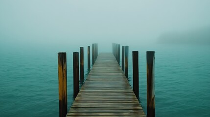 Fototapeta premium Long Wooden Dock Extending into Misty Teal Lake