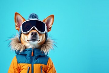Fototapeta premium A stylish cute dog dressed in a jacket and hat and ski goggles on a blue background with copy space. The concept of winter sports