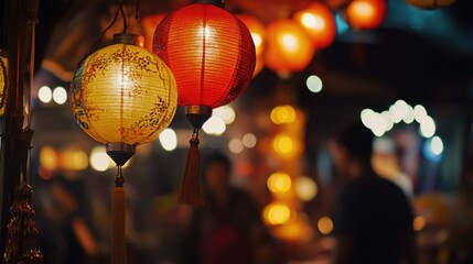 Obraz premium A group of lanterns hangs from the ceiling, providing warm and cozy light
