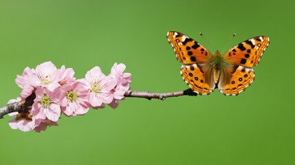 Obraz premium Orange Butterfly on Pink Blossom Branch Against Green Background