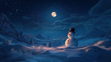 Snowman in moonlit winter wonderland amidst snow-covered mountains